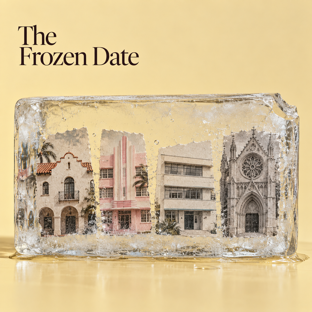 A melting block of ice containing four torn photographs of different building styles, with the text "The Frozen Date" in the top left corner against a pale yellow background.