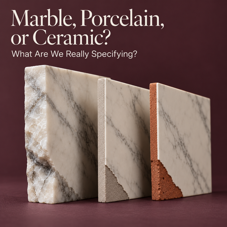 Editorial illustration of marble patterned samples with exposed stone, pale and red bodies