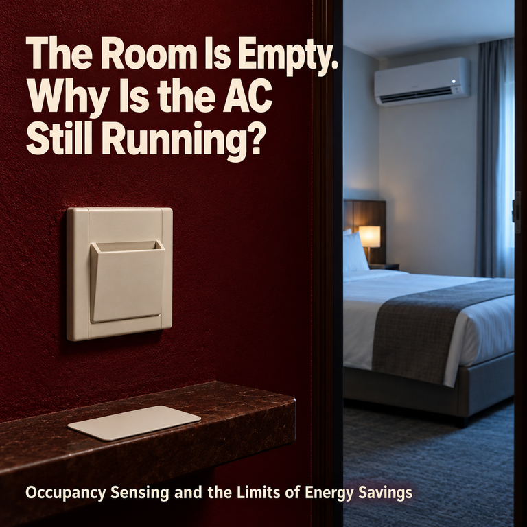 Editorial illustration of an empty room with a wall mounted air conditioner, an empty key card switch and a card on a shelf