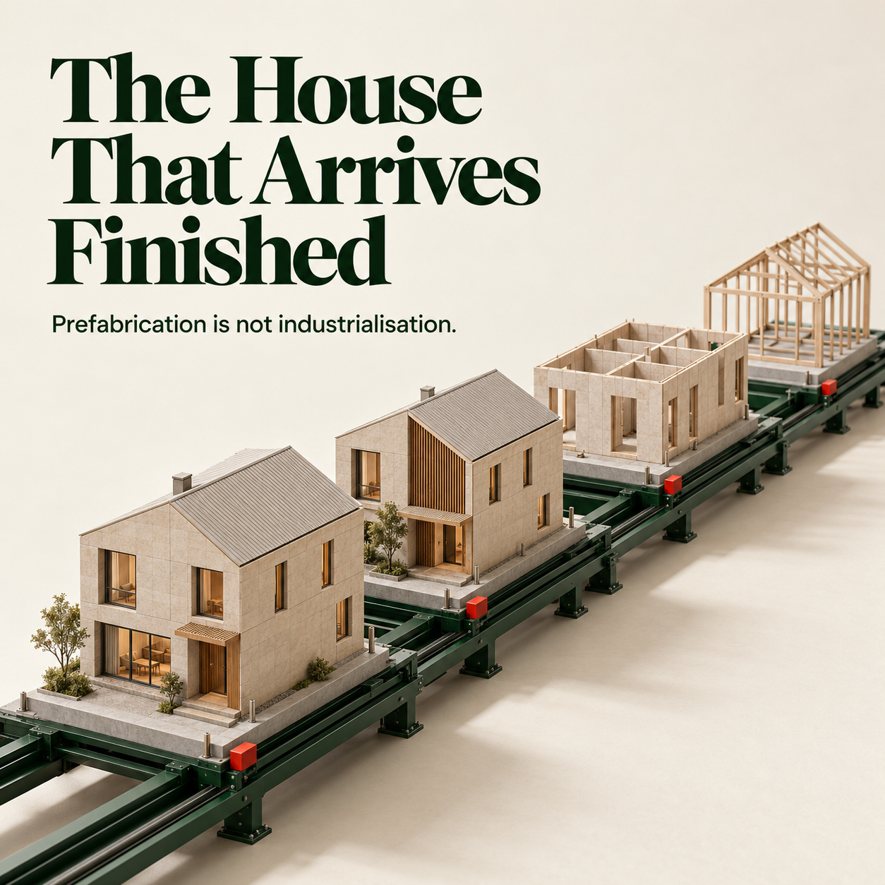 Editorial illustration of houses at successive stages of completion on a factory conveyor, from timber frame to finished home
