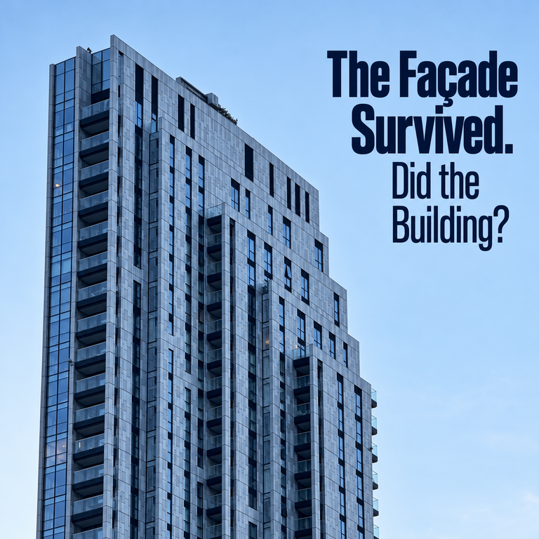 Editorial cover showing a tall building with a stepped facade beside the title The Façade Survived. Did the Building?