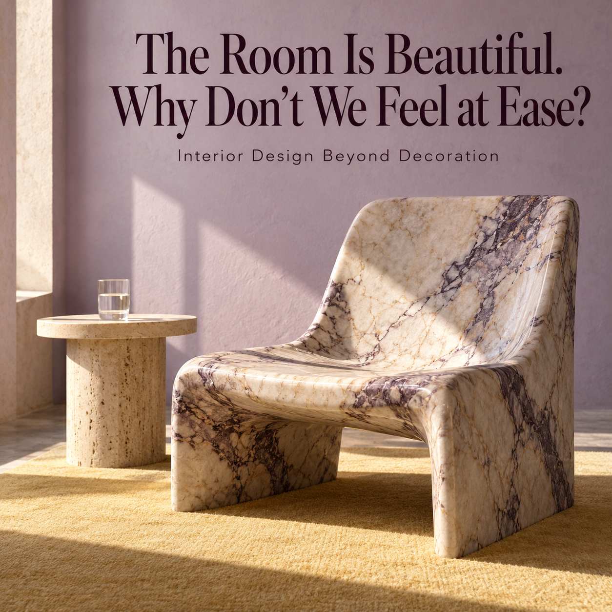 Editorial illustration of a veined stone chair beside a round side table in a sunlit room with the headline The Room Is Beautiful. Why Don't We Feel at Ease?