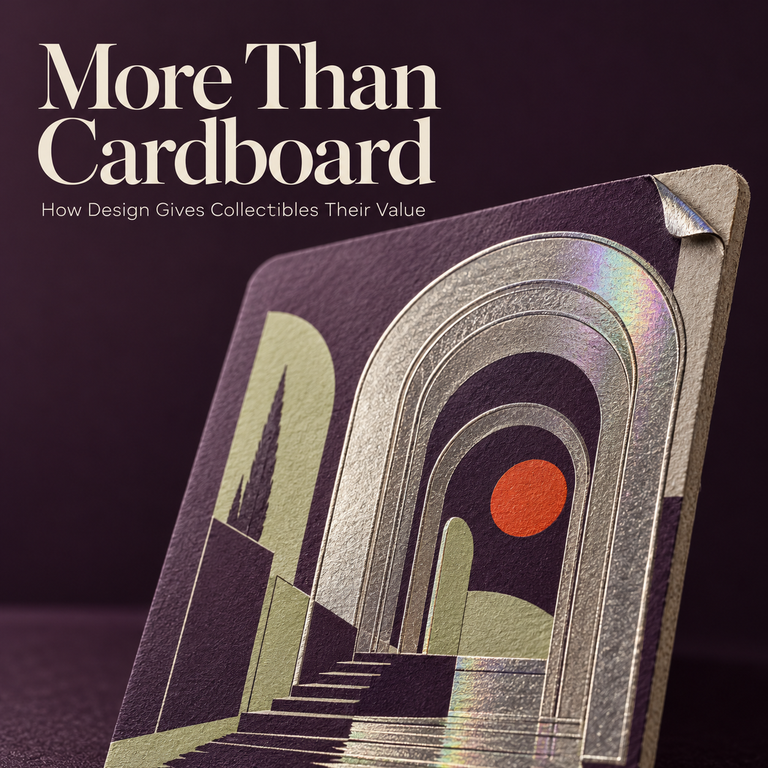Illustrated collectible card with layered metallic arches, textured purple cardboard and an orange circle beneath the title More Than Cardboard.