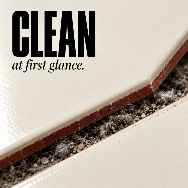 Close-up of glossy cream tiles with dust, lint and debris trapped in an open joint, beneath the words “CLEAN at first glance.”