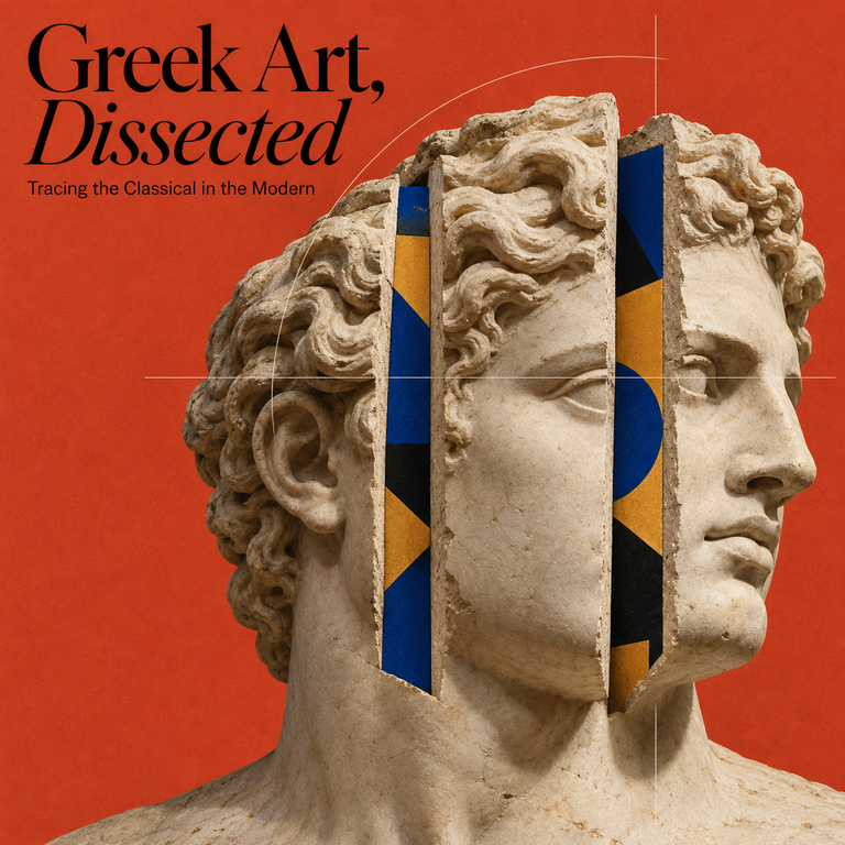 Classical marble head split into vertical sections revealing blue, gold and black geometric forms against an orange background.