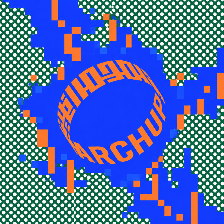 ArchUp lettering in an orange ring over blue pixel shapes and a green dotted background