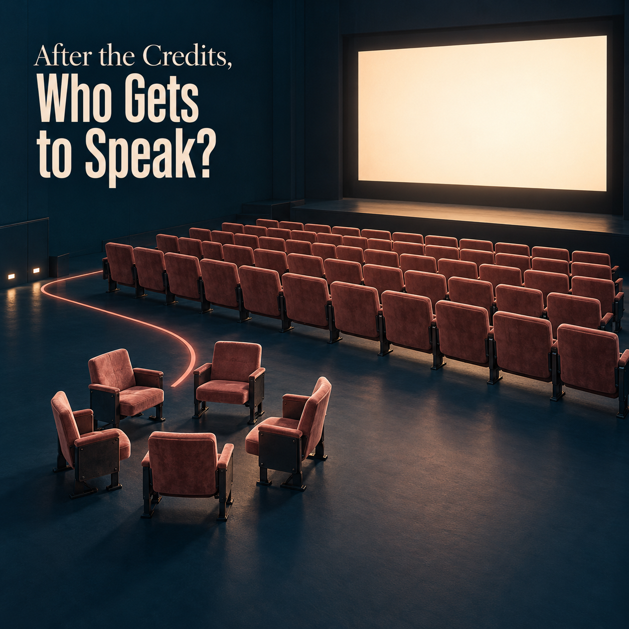 Cinema auditorium with rows of red seats and a separate circle of chairs for discussion after a film screening.