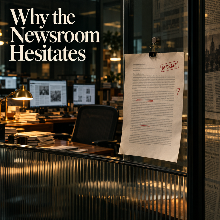 Text reading Why the Newsroom Hesitates beside a document stamped AI DRAFT with a question mark in a dimly lit newsroom