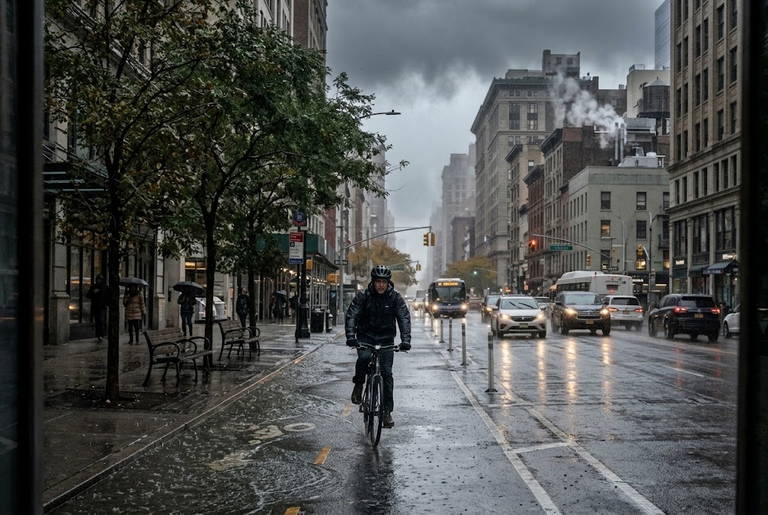 A cyclist rides along a designated cycle lane on a wet city street beneath dark, gloomy skies