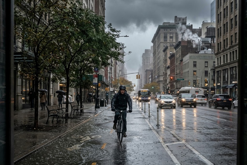 A cyclist rides along a designated cycle lane on a wet city street beneath dark, gloomy skies