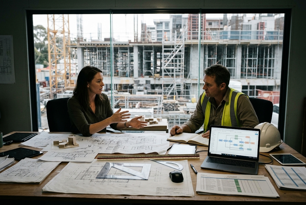 An architect and site manager discussing plans at a desk with blueprints, overlooking an active construction site