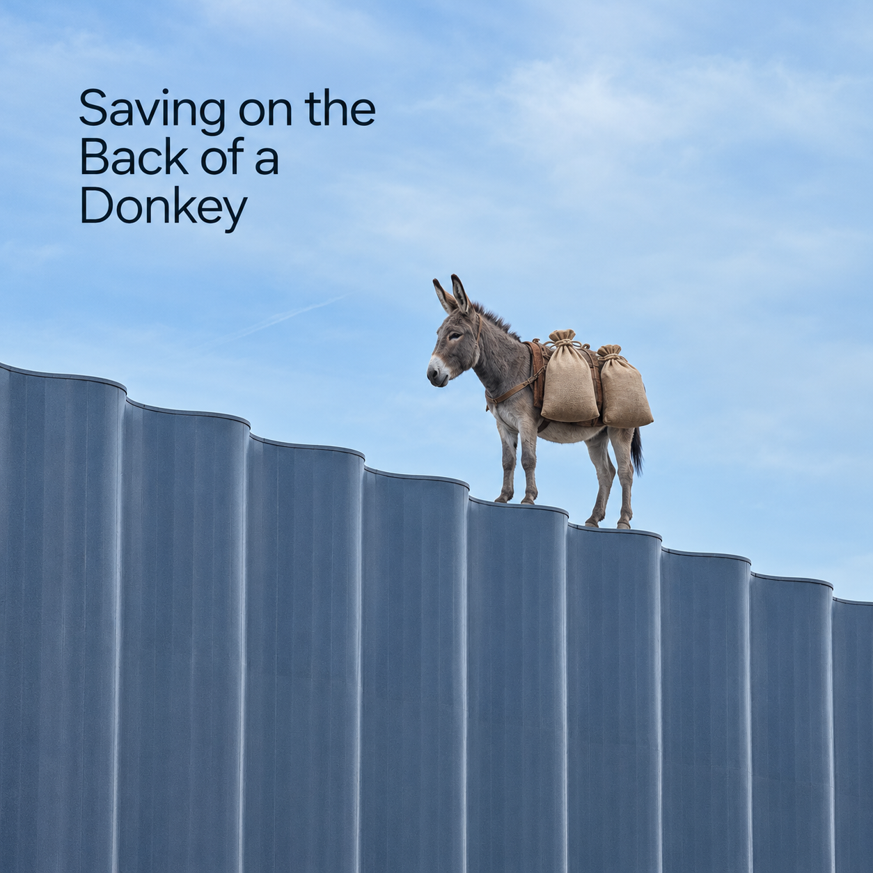 A donkey carrying two burlap sacks standing on the edge of a modern, corrugated blue architectural roof, with the text "Saving on the Back of a Donkey" against a clear blue sky.