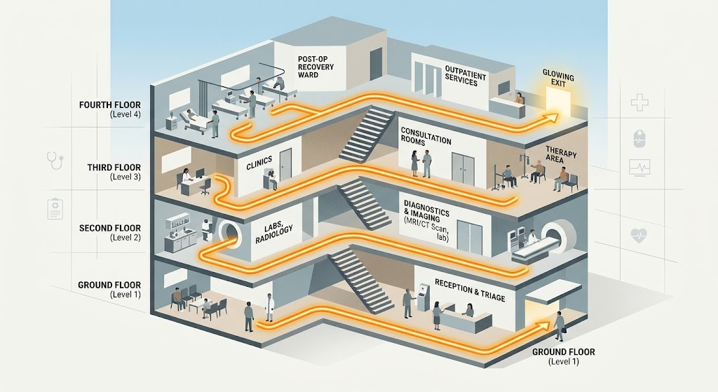Conceptual illustration of day surgery unit design showing a glowing patient journey path through a multi-storey healthcare building