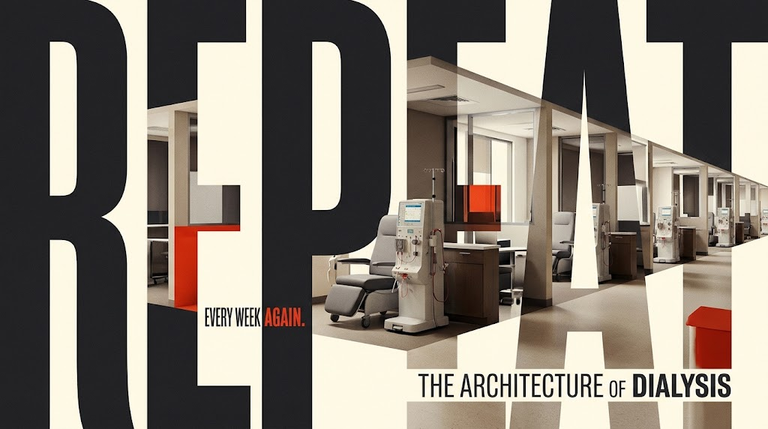 Conceptual dialysis center architecture with oversized REPEAT typography and repeating treatment stations.