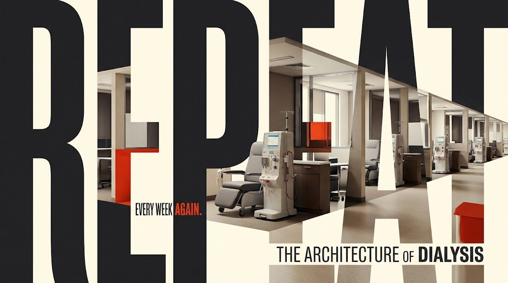 Conceptual dialysis center architecture with oversized REPEAT typography and repeating treatment stations.