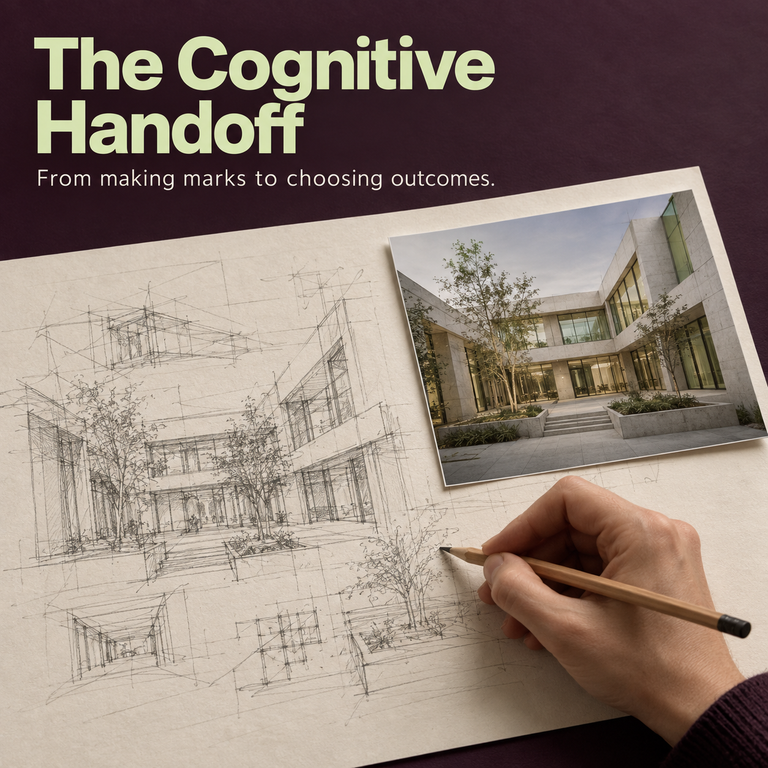 The Cognitive Handoff: From making marks to choosing outcomes. A hand sketches an architectural courtyard next to a photo of the finished building