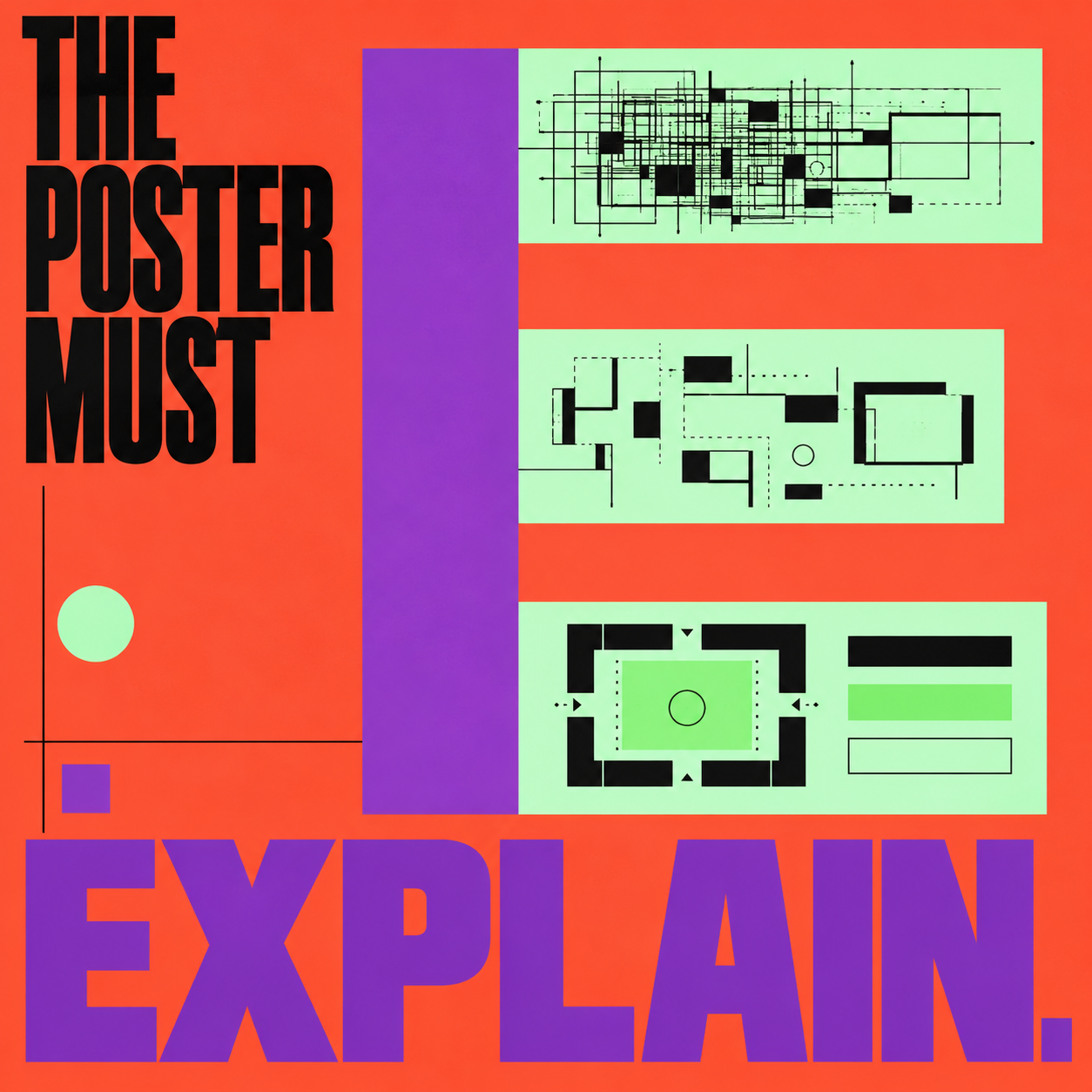 Orange architectural poster with bold black and purple typography reading The Poster Must Explain and three green panels of architectural diagrams.