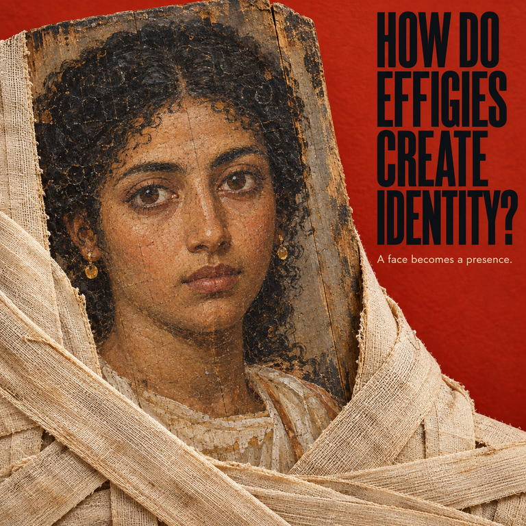 Painted face on a weathered panel surrounded by pale fabric, beside black lettering on a red background asking how effigies create identity.