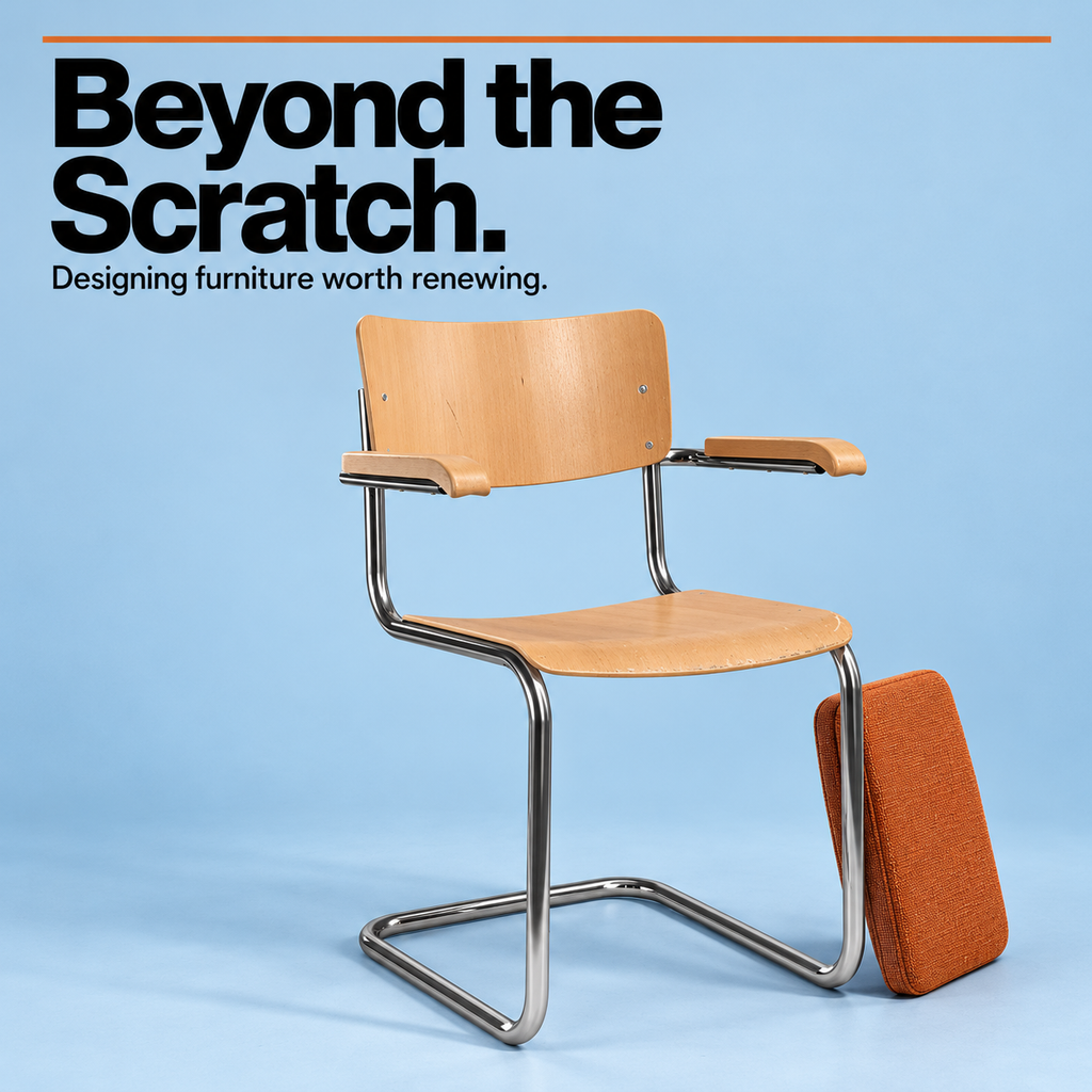 Wooden chair with a tubular metal frame and orange cushion against a blue background, beneath the words Beyond the Scratch.