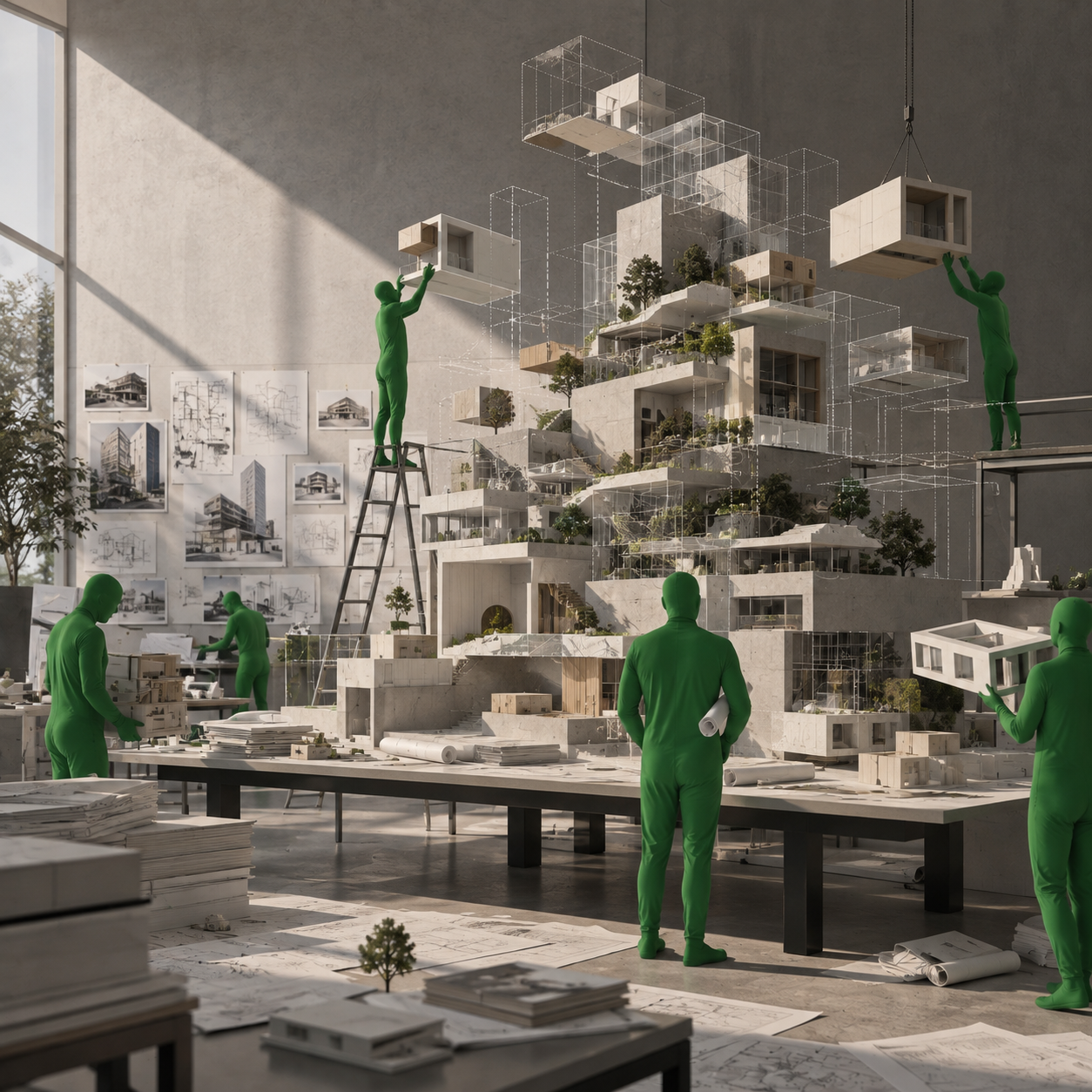 Illustration for research on AI addition bias and scope inflation in architectural design.