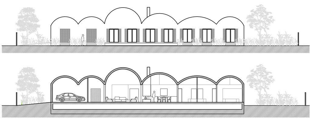 Elevation and section: the sequence and relative heights of the vaults.