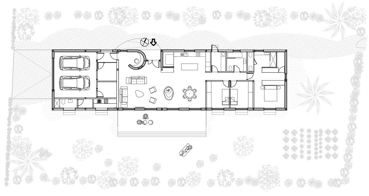 Floor plan: garage, shared interior, bedrooms and terrace.