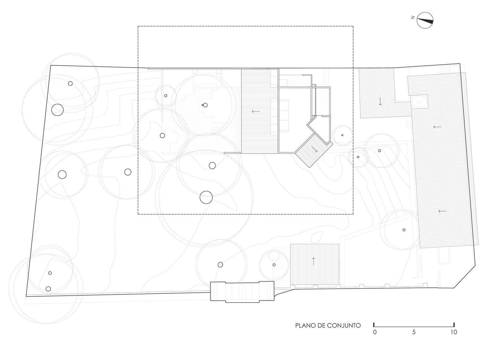 The site plan shows the relationship between the separate buildings and the planted open space.