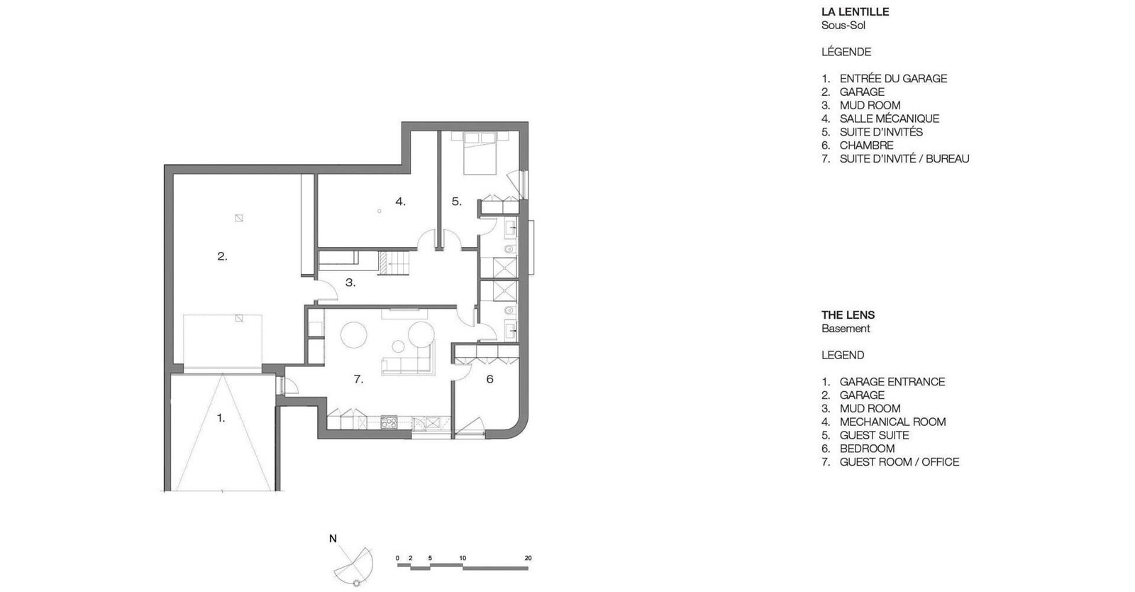 Basement plan: garage, arrival spaces, guest accommodation and flexible workroom.