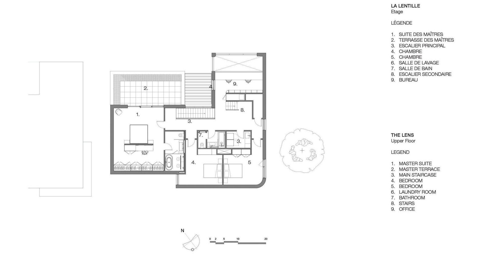 Upper-floor plan: bedrooms, shared services and the mezzanine office.