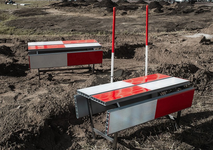 Stop! public seating made from red-and-white Dutch safety-barrier elements