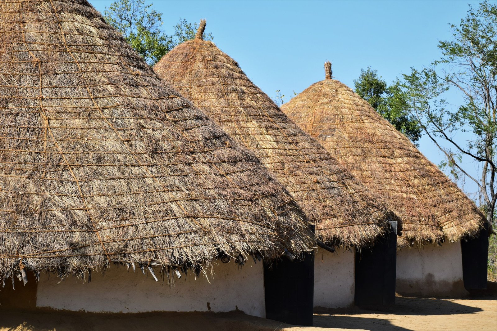 Three round huts with conical thatched roofs and pale walls beneath a clear blue sky.
