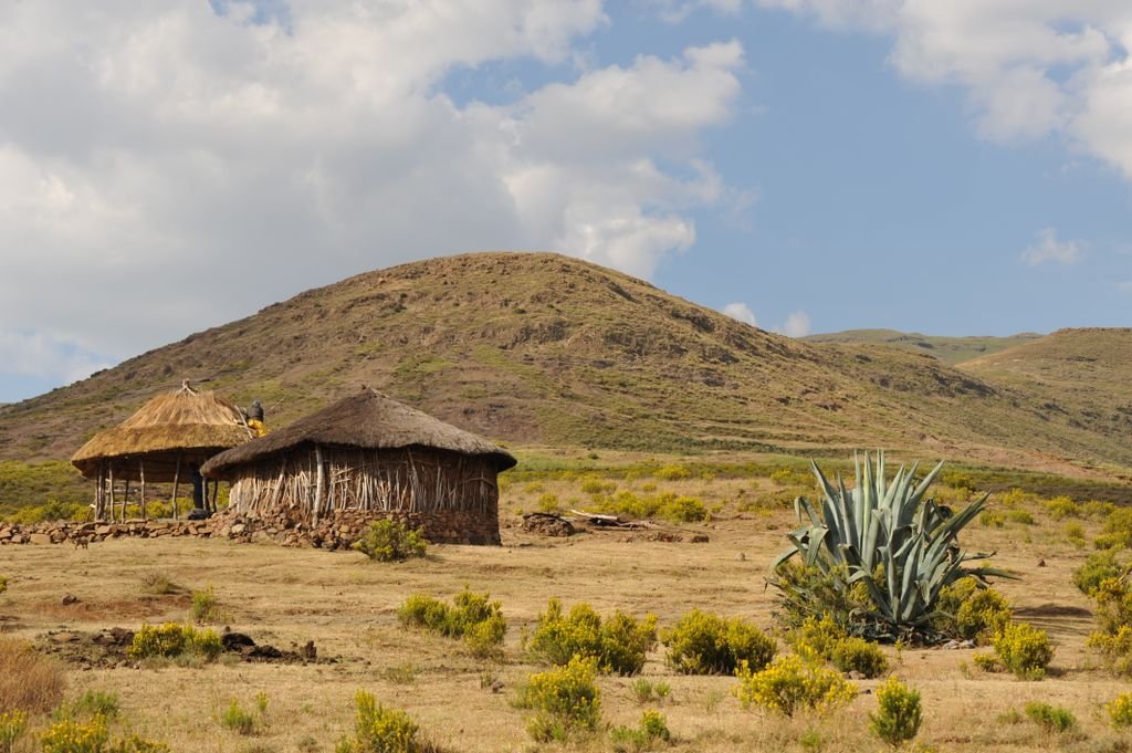 Two round thatched huts with timber walls and stone bases in an open hilly landscape.