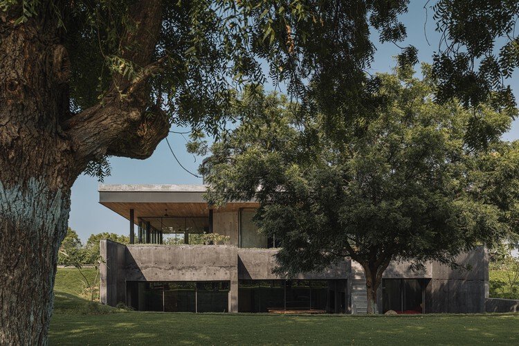 منظر Terra Pavilion عبر الموقع المنحدر مع السقف المفتوح فوق المستوى الخرساني الأرضي