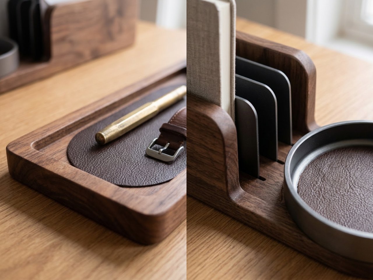 Detail views of the leather-lined tray, walnut edge and dark upright dividers