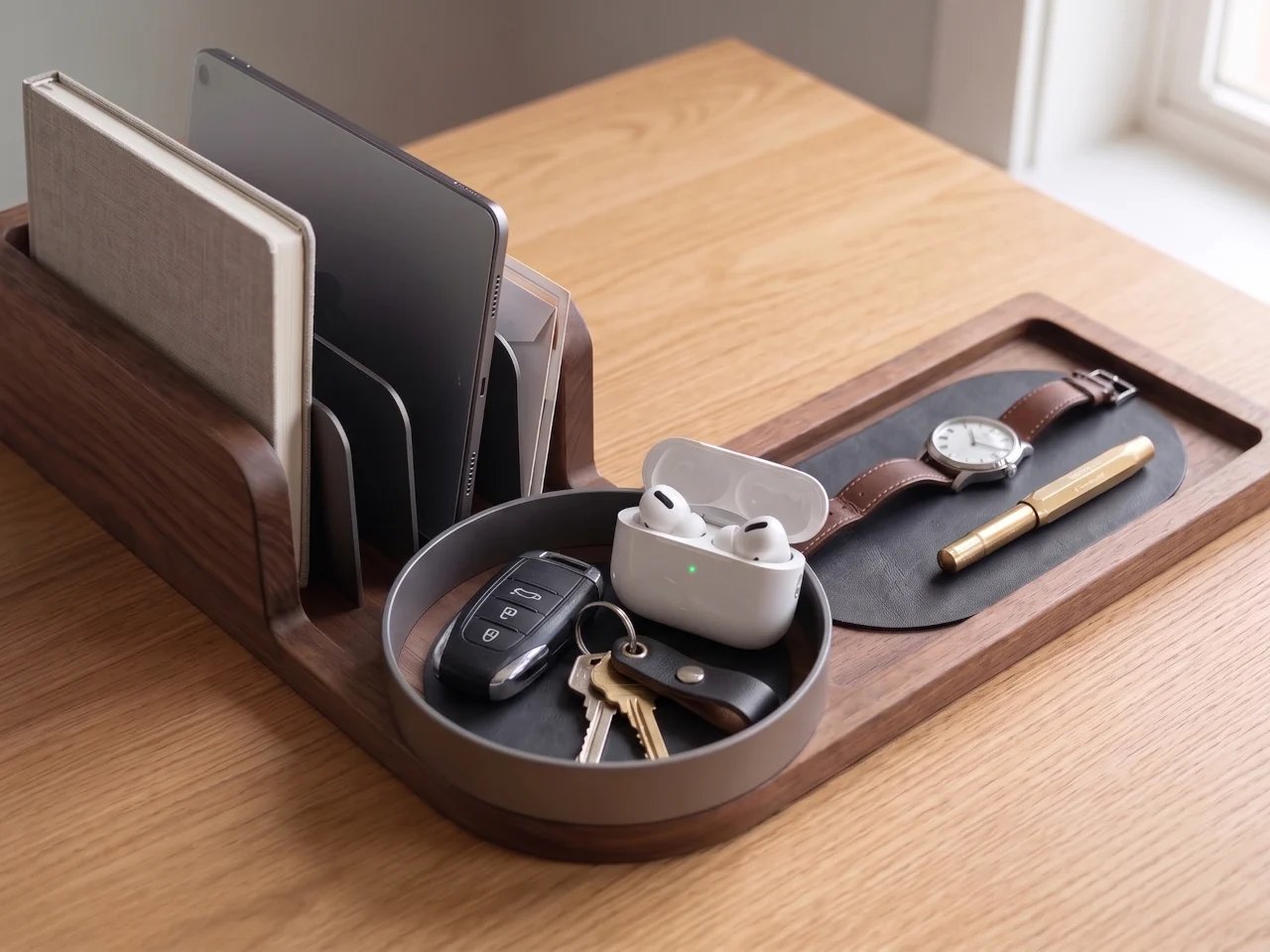 The Anchor holding a tablet, notebook, keys, earbud case, watch and pen