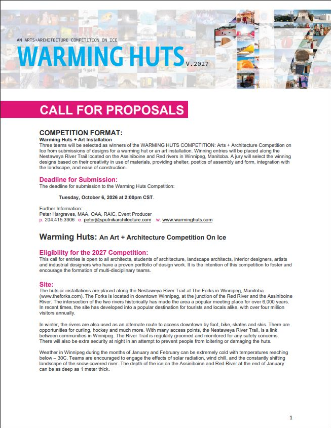 Official Warming Huts V.2027 call for proposals cover issued by Warming Huts and The Forks